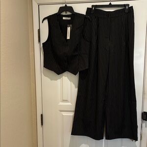 Commense Black Pinstripe Wide Leg Pants & Vest Set